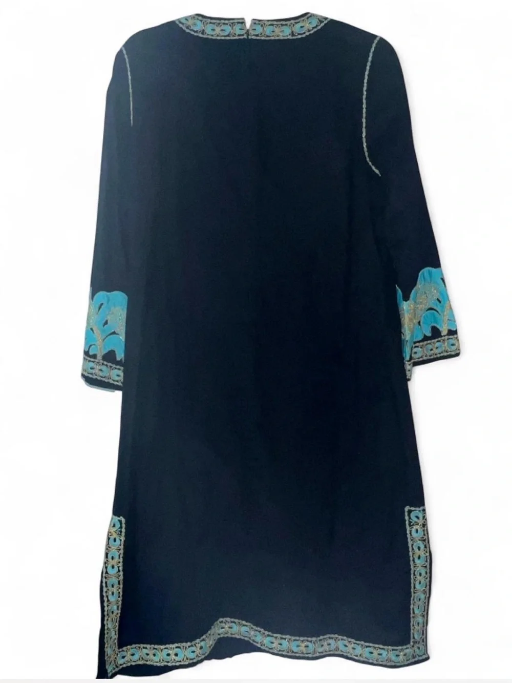 Tory Burch Black Cotton Embroidered Tunic Shift Dress Turquoise Gold Size 12